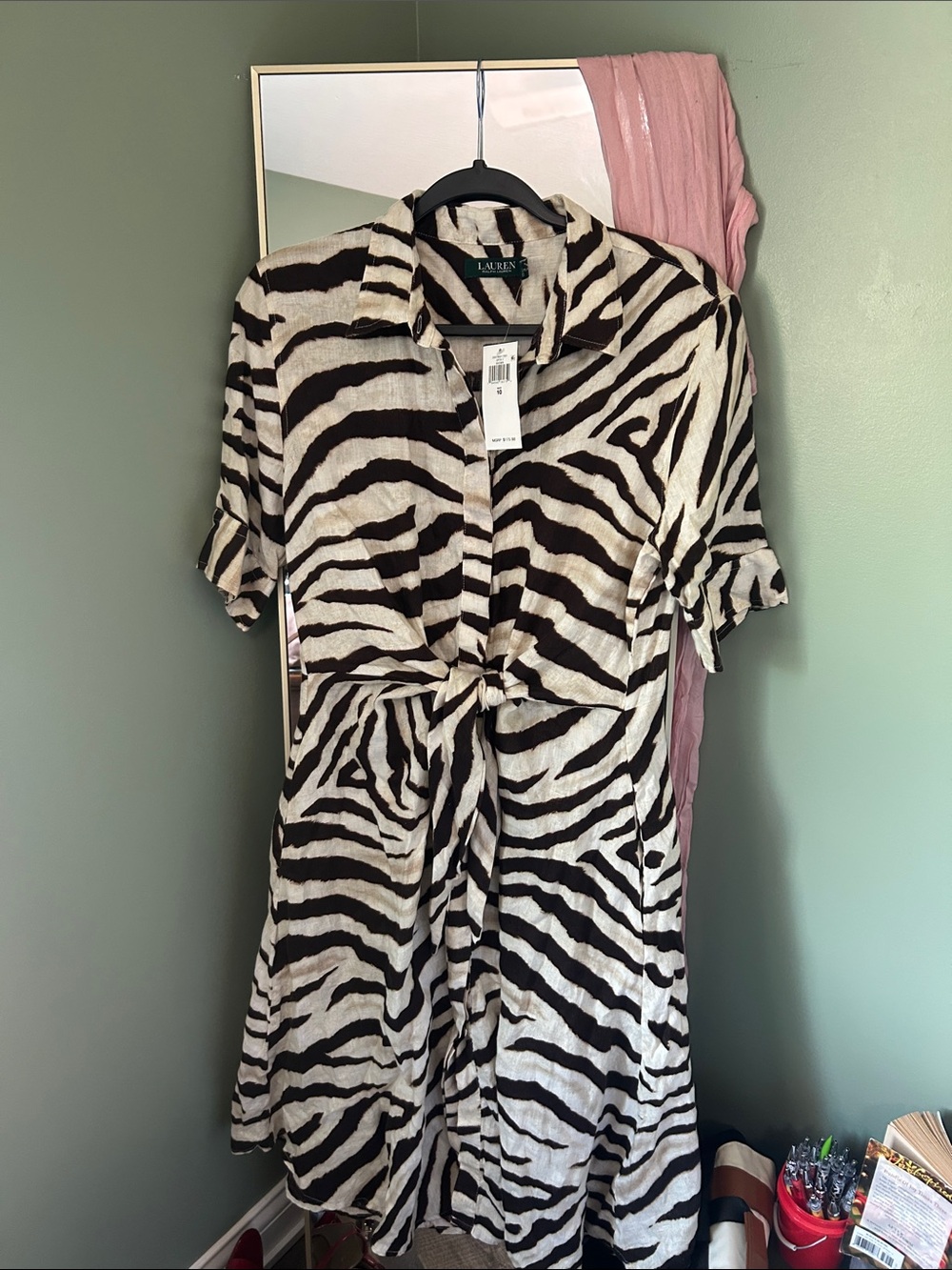 Lauren Ralph Lauren Black and White Zebra-Print Midi Dress with Front Tie
